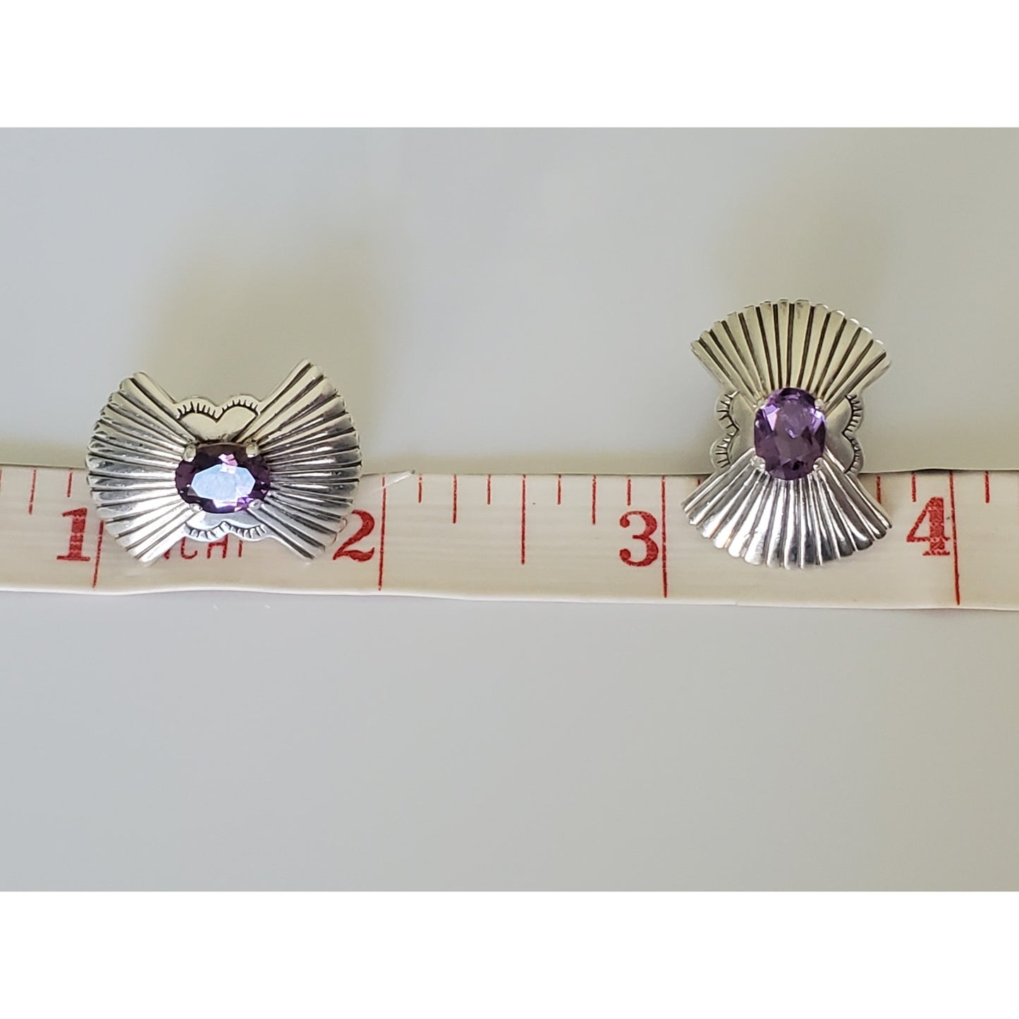 Vintage Ribbed Sterling Silver Amethyst Stud Earrings