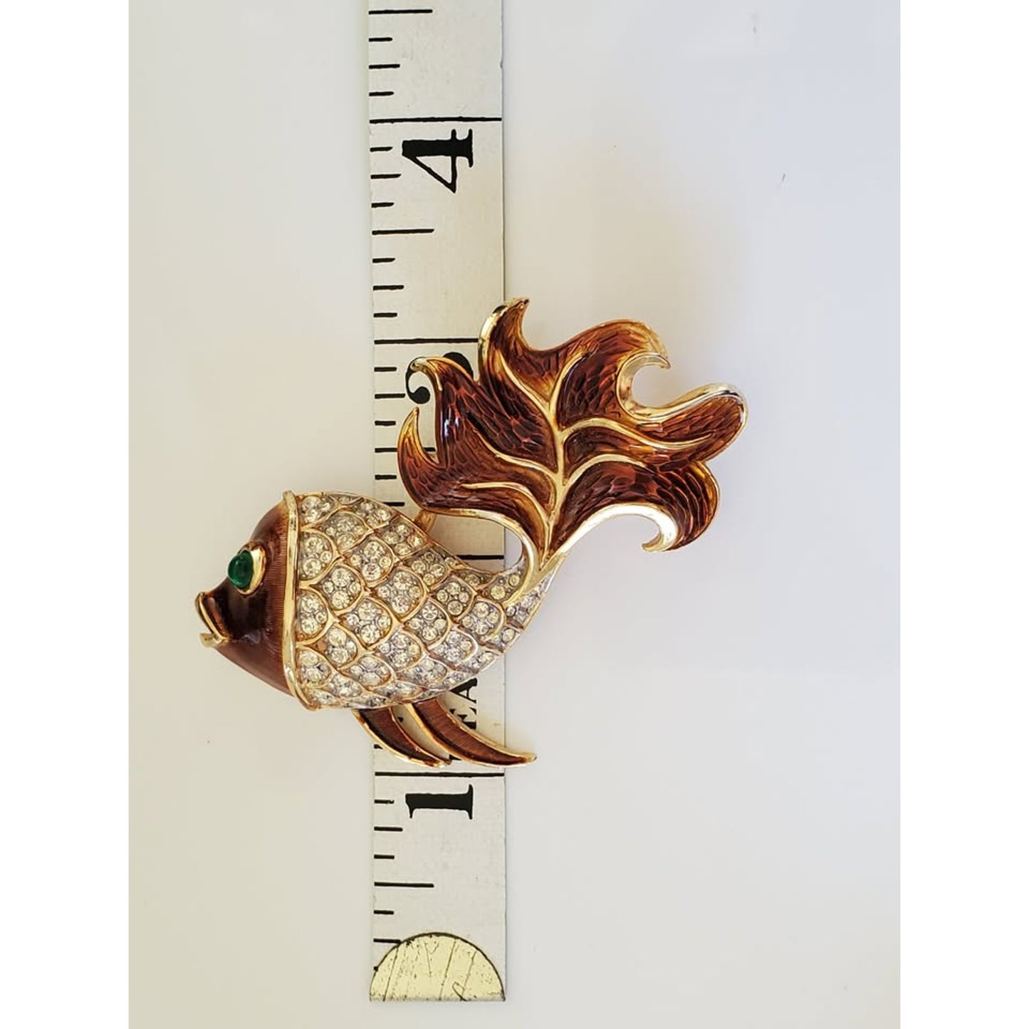Vintage 1960s CROWN TRIFARI Signed Amber Enamel & Clear Crystal Rhinestone Gold Fish Brooch