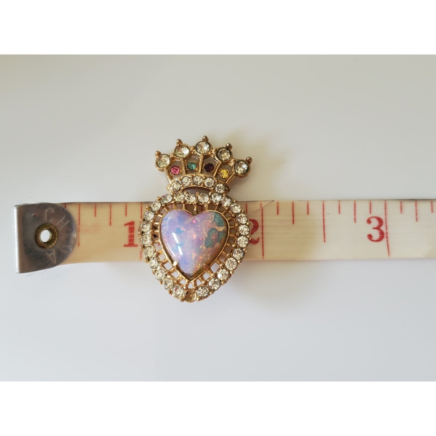Vintage Glass Opal Crown Gold Tone Rhinestone Brooch