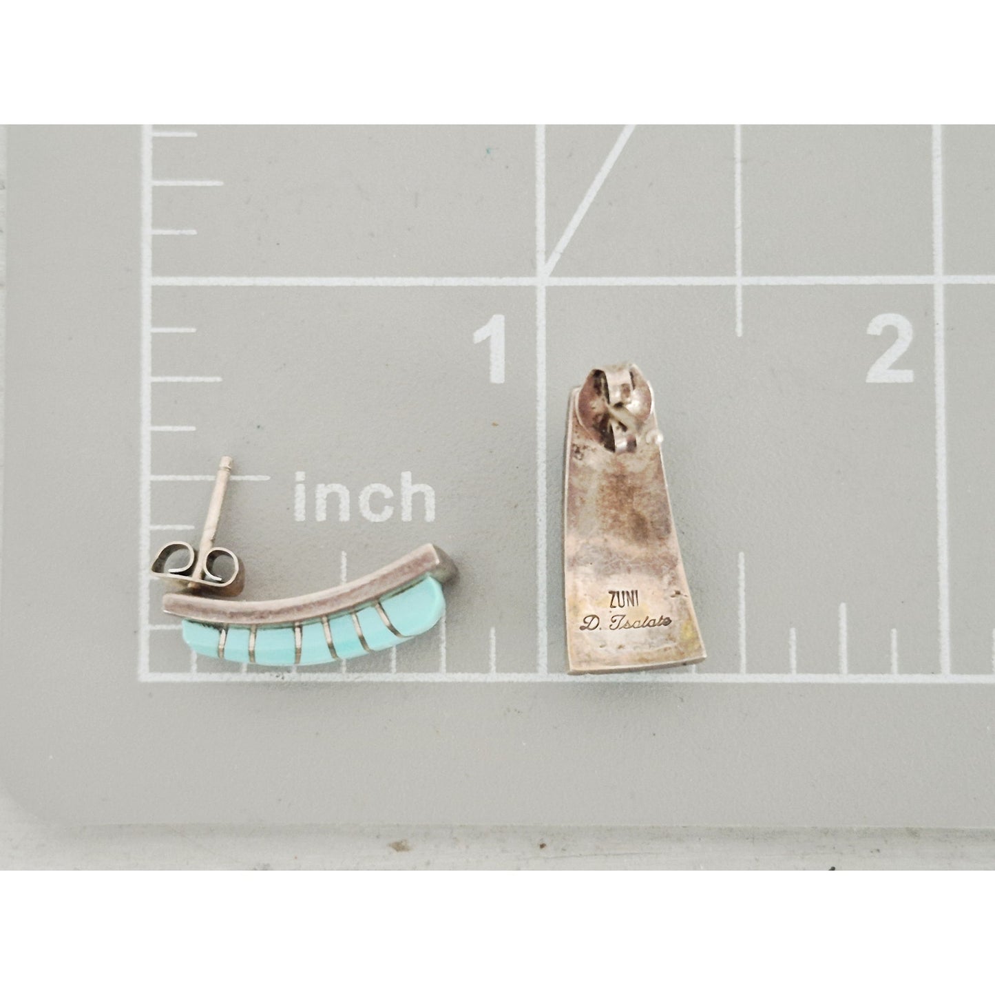 Vintage Sterling Silver Native Zuni D. Isalate Turquoise Inlaid Earrings