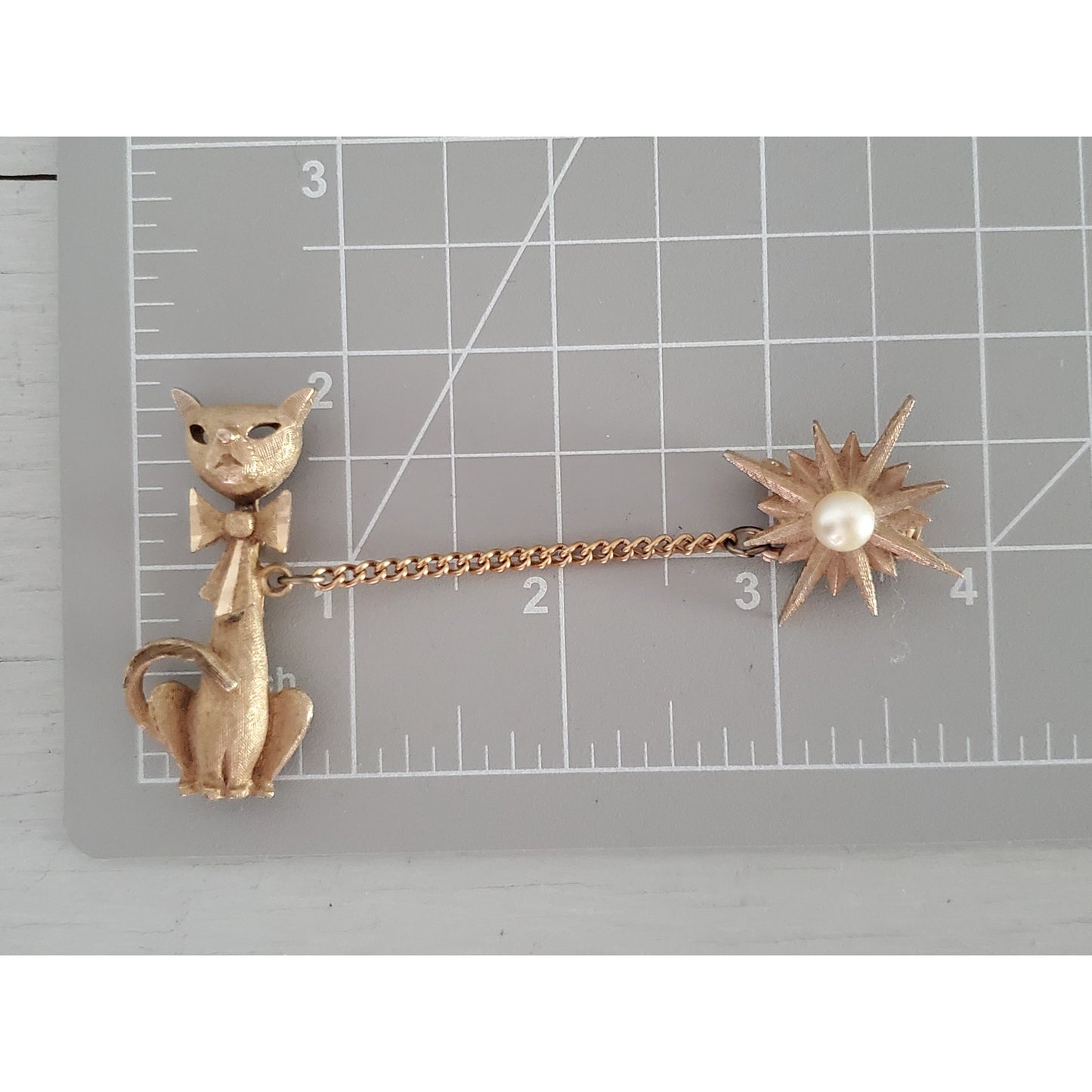 Vintage MCM Cat Star Burst Sweater Chatelaine Brooch Pin