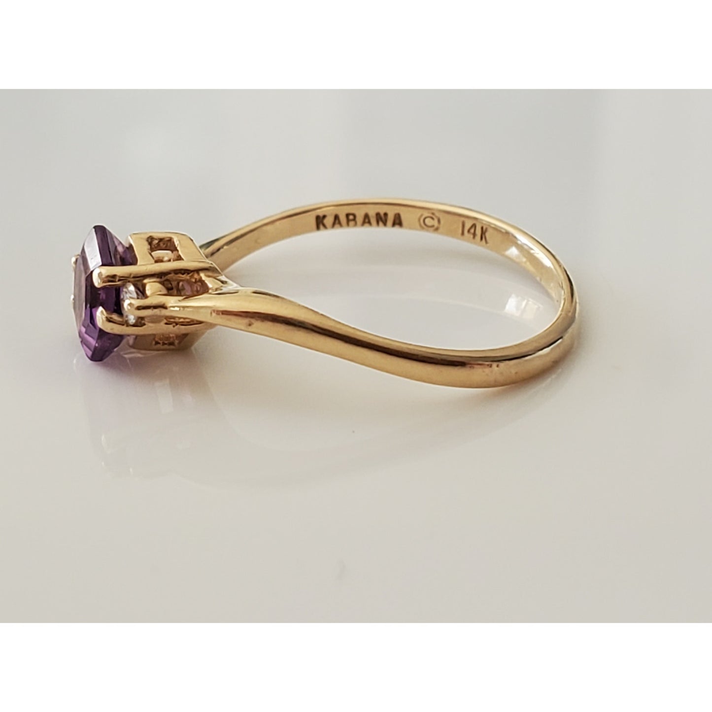 Vintage 14K Gold Kabana Designer Amethyst Hexagon and Diamond Bypass Ring