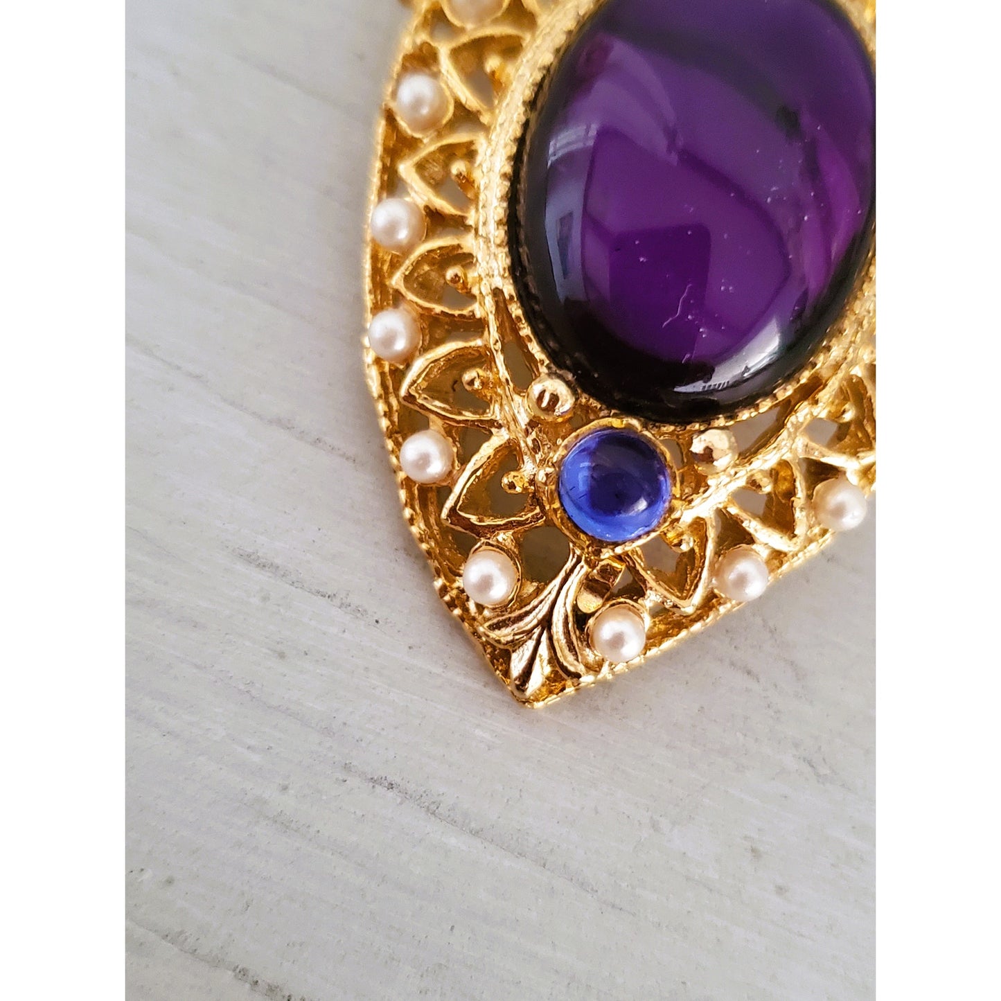 Vintage Purple Stone and Faux Pearl Crown Brooch