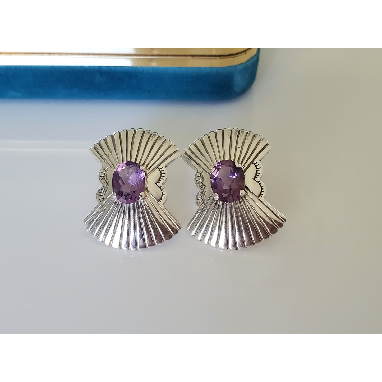 Vintage Ribbed Sterling Silver Amethyst Stud Earrings