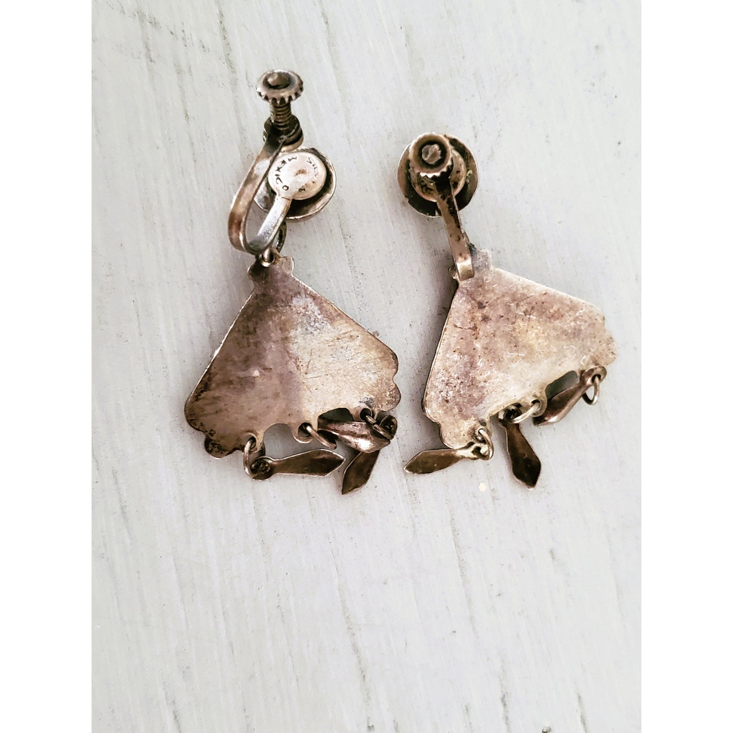 Vintage Sterling Silver Mother of Pearl Dangle Screw On Earrings