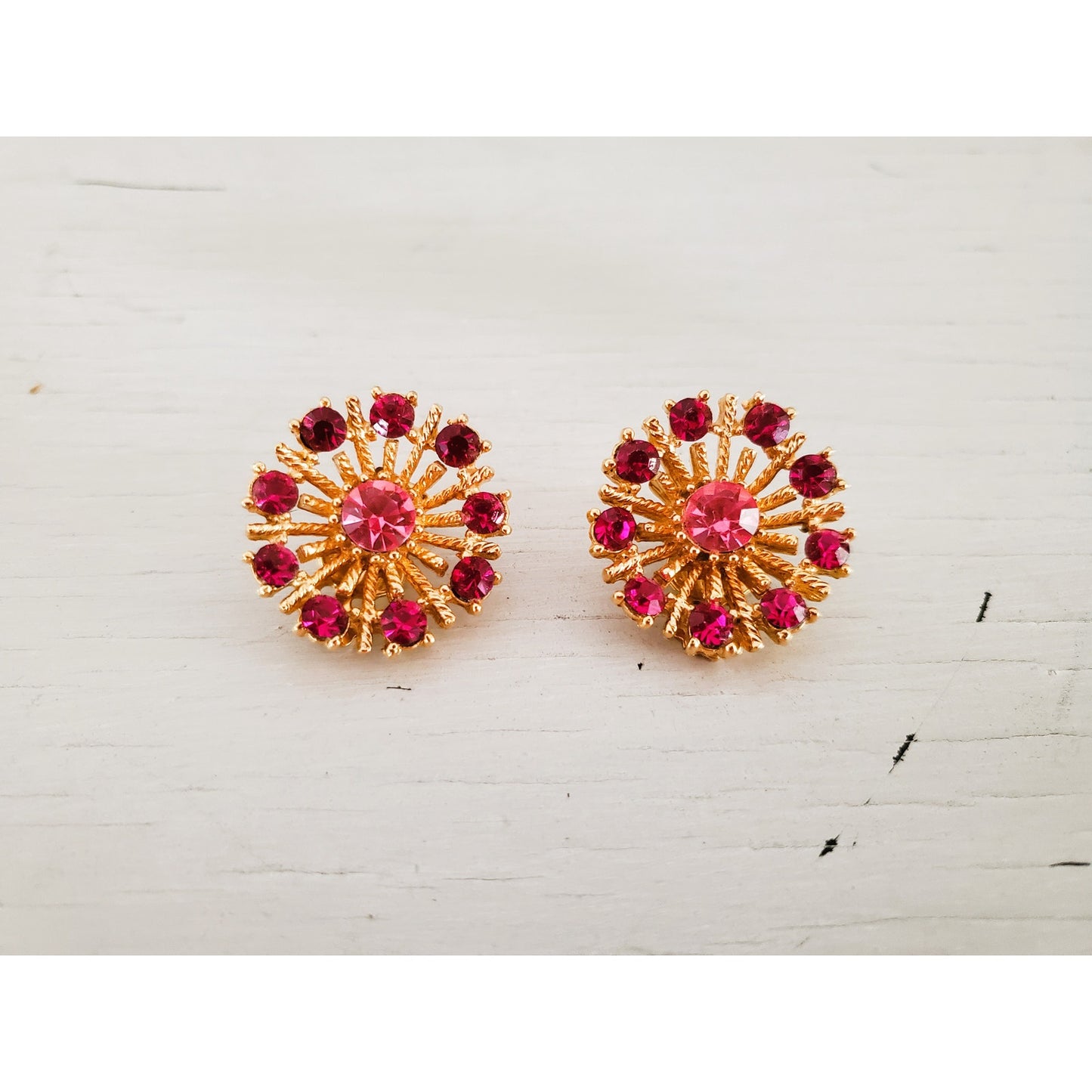 Vintage Fuchsia Rhinestone Round Gold Tone Earrings