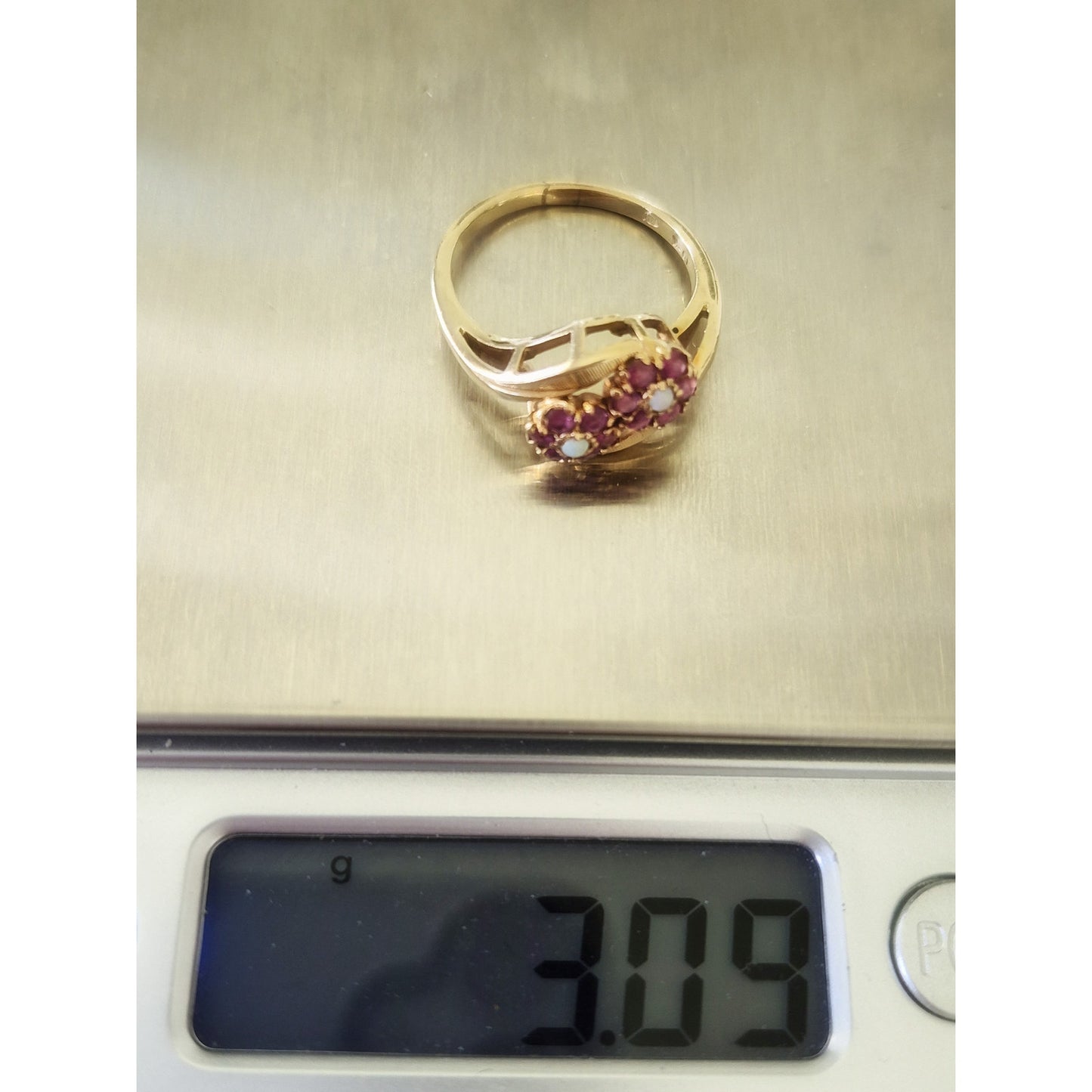 Vintage 10K Gold Ruby and Opal Floral Bypass Ring