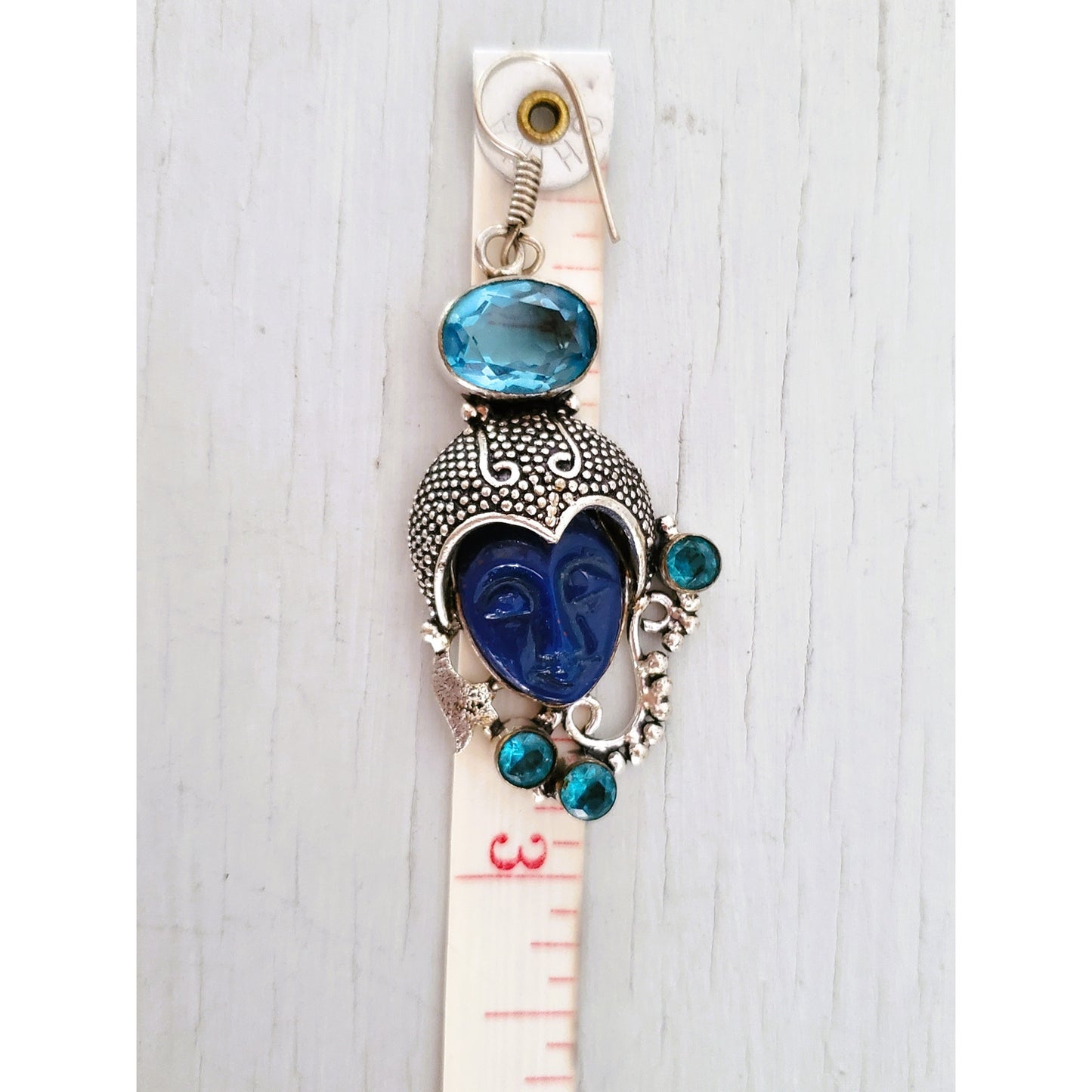 Sterling Silver Balinese Goddess Blue Face Topaz Statement Earrings