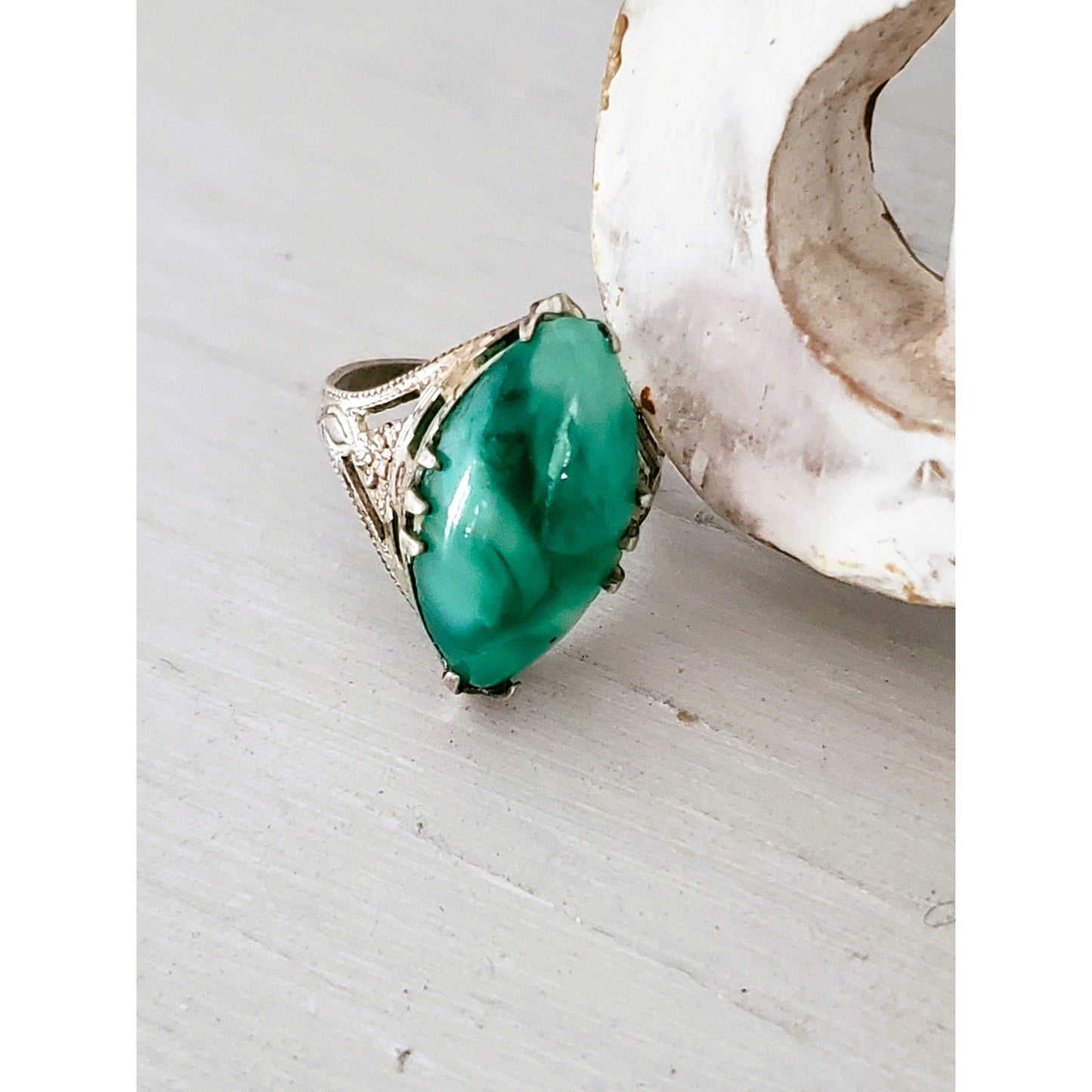 Vintage Sterling Silver FIligree Peking Glass Pinky Ring