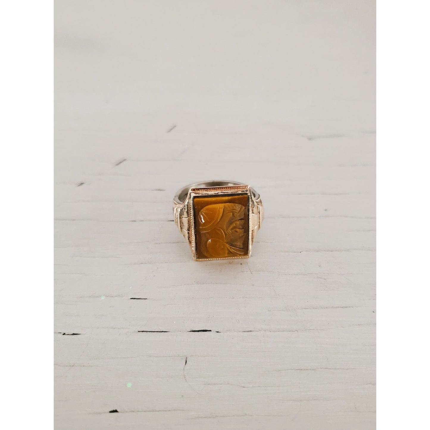 Vintage 10K Gold Sterling Silver Men's Tiger's Eye Cameo Ring