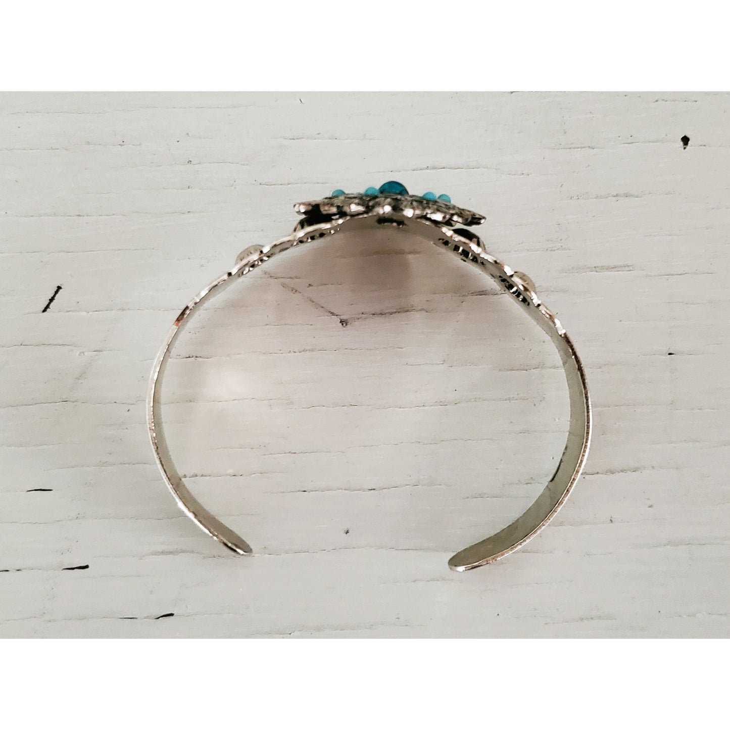 Vintage Turquoise and Silver Tone Floral Cuff Bracelet