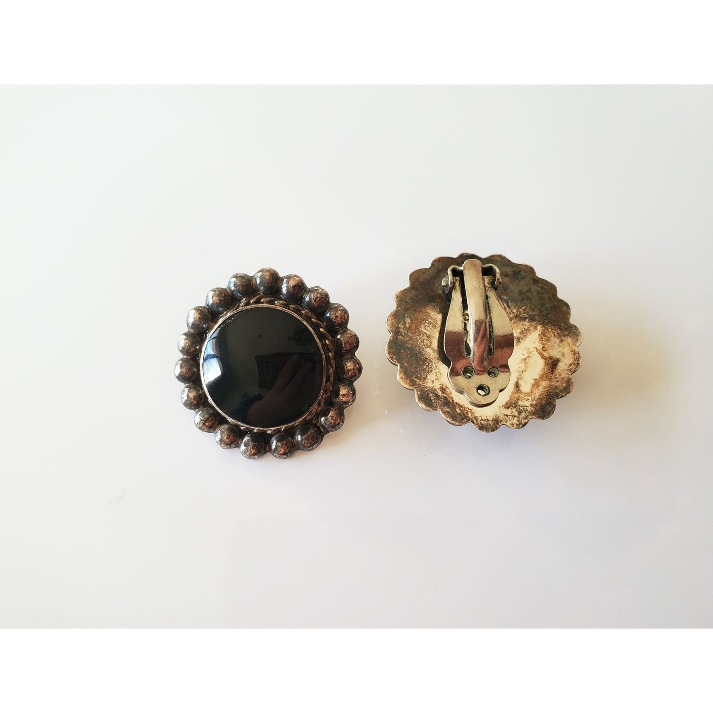 Vintage Large Sterling Silver Mexico Onyx Clip On Earrings Project