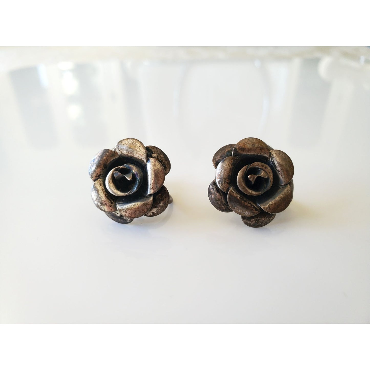 Vintage Beau Sterling Silver Rose Screw On Earrings