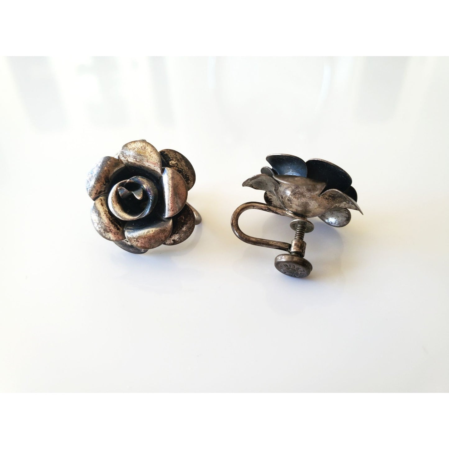 Vintage Beau Sterling Silver Rose Screw On Earrings