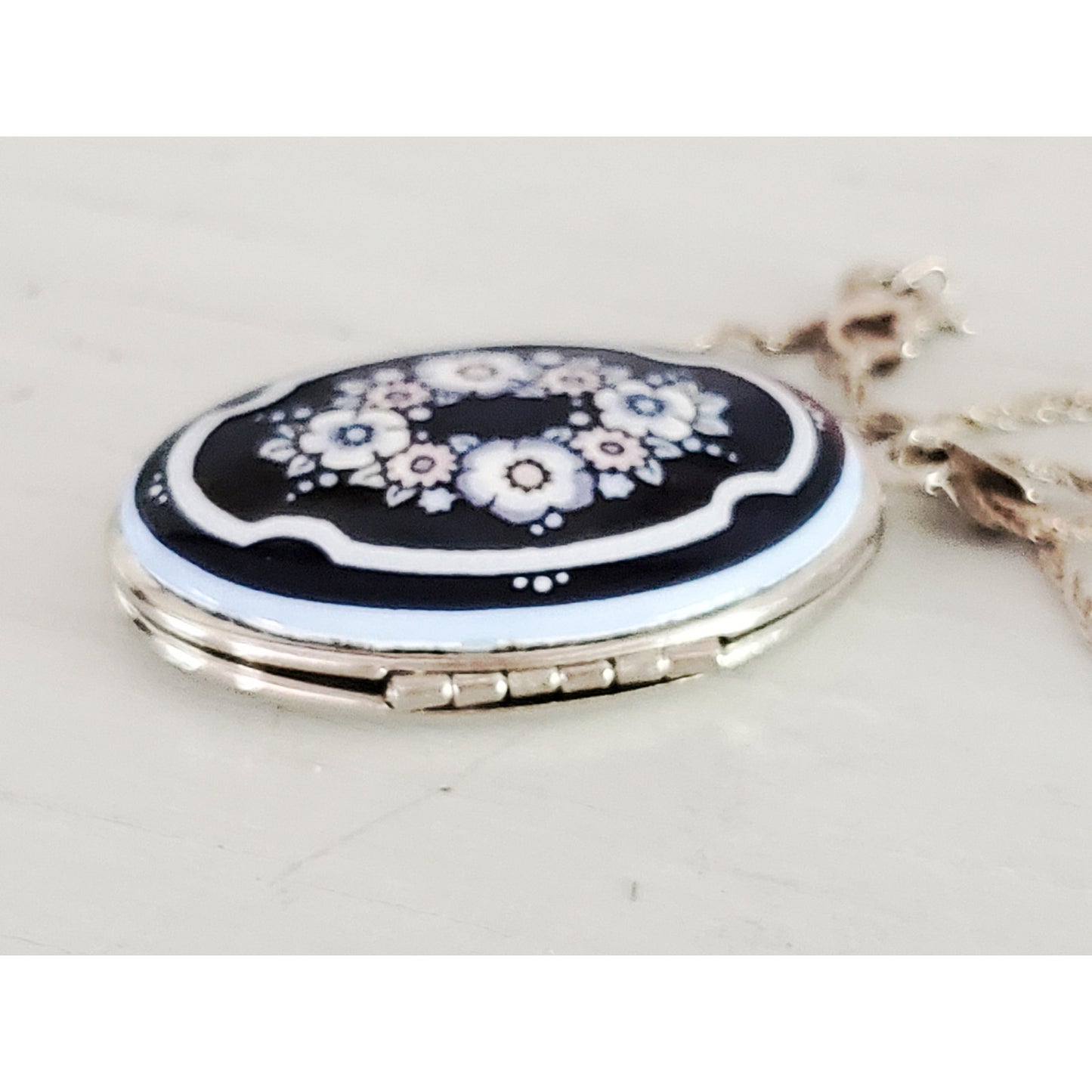 Vintage Michaela Frey Blue & White Floral Enamel Locket Sterling Silver Necklace