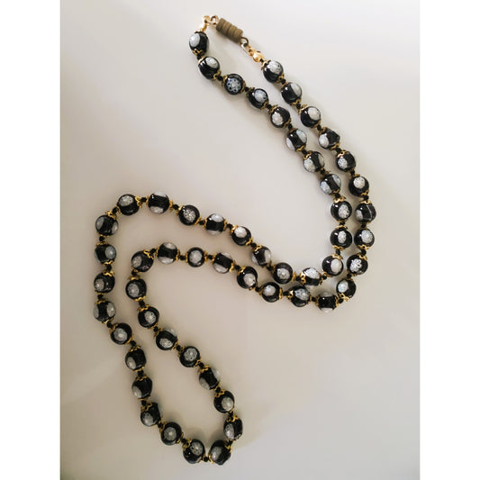 Vintage Black Glass Beaded and Hand Painted Venetian Necklace