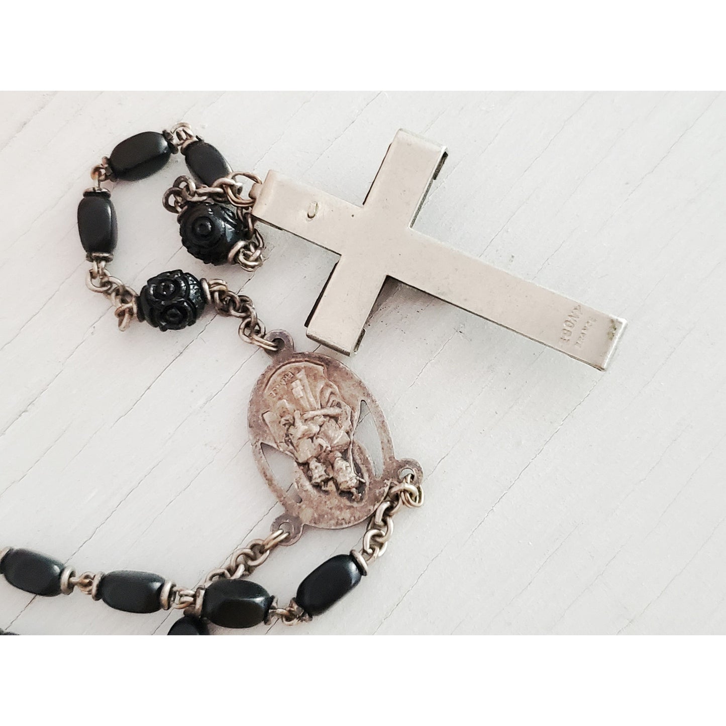 Vintage Ebony France Rosary Bead Lavalier Necklace