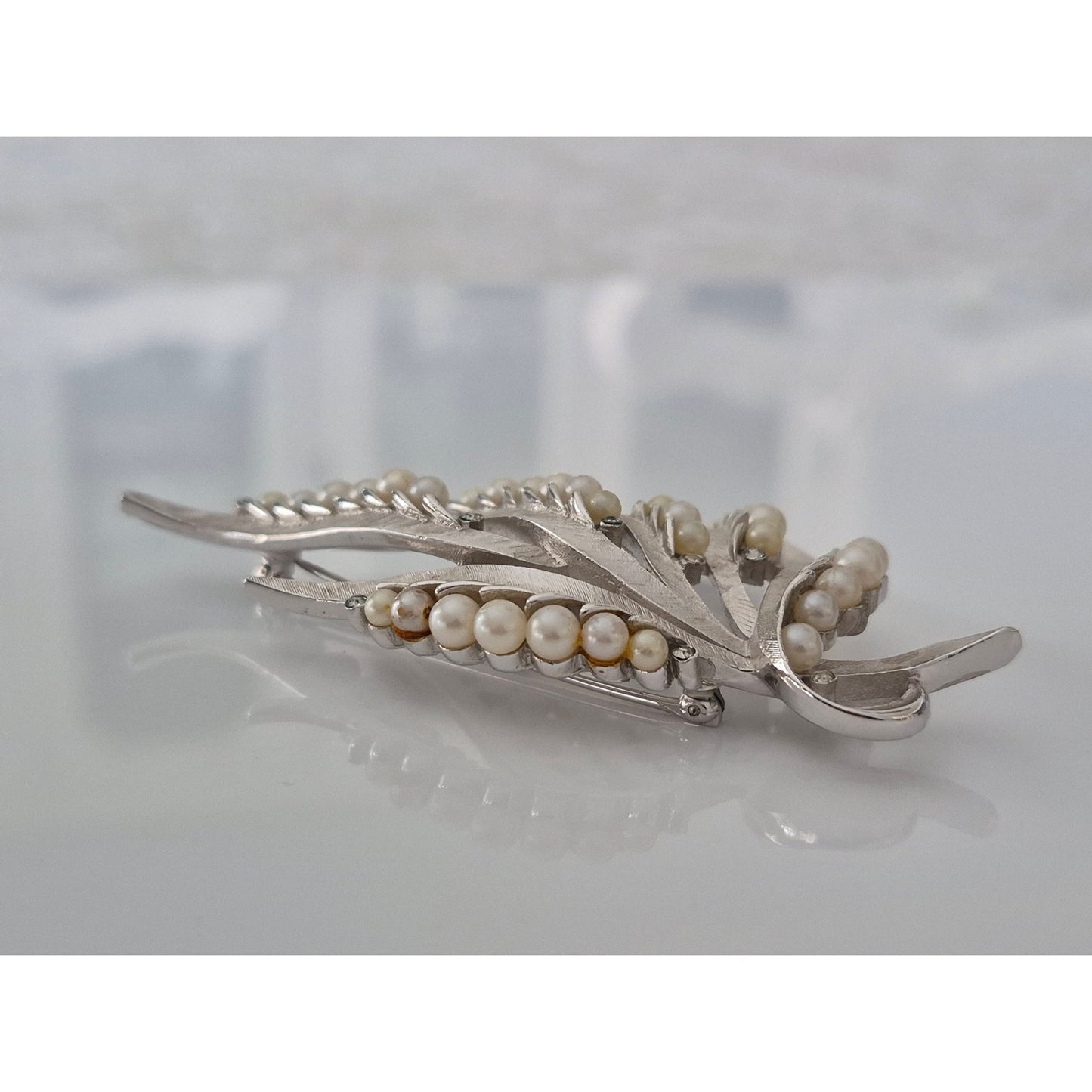 Vintage Crown Trifari 1960s Silver Tone Leaf with Faux Pearl Brooch