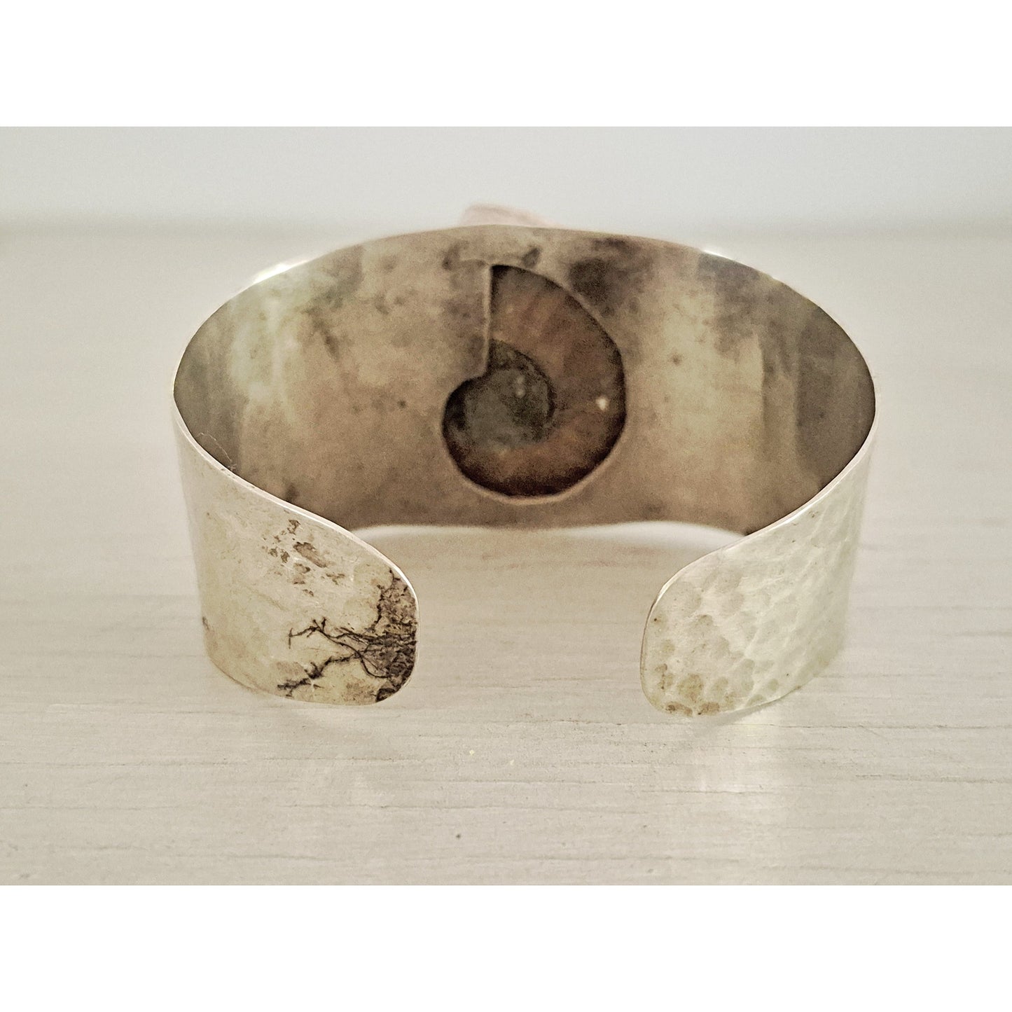 Vintage Mexican Hammered Sterling Silver Ammonite Fossil Cuff Bracelet