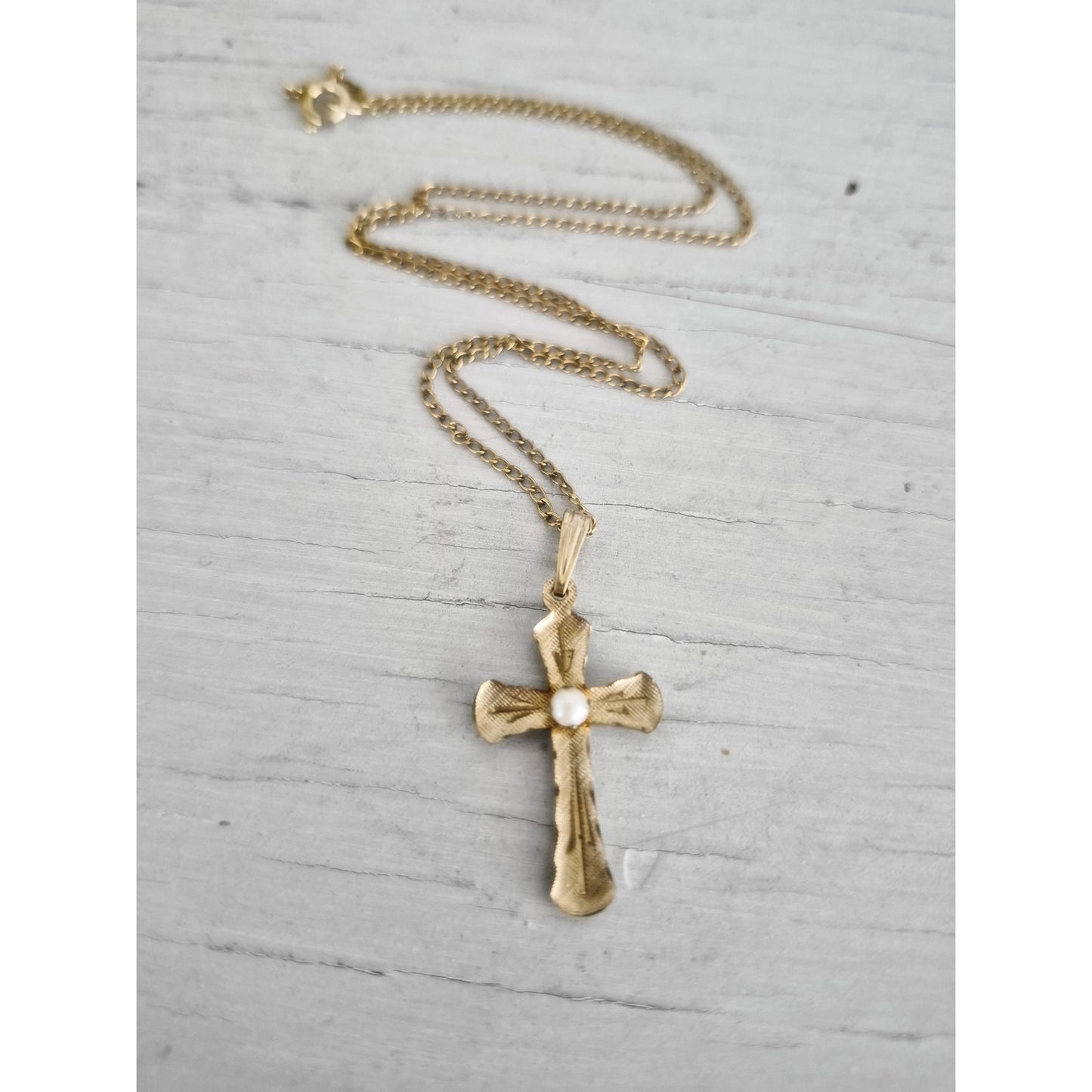 Vintage MCM Gold-fill Cultured Pearl Diamond Cut Cross Necklace