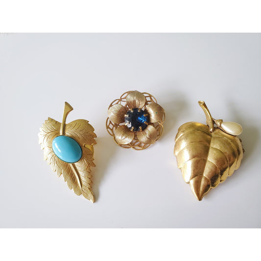 Vintage 3 Piece Lot of Floral Gold Tone Brooches