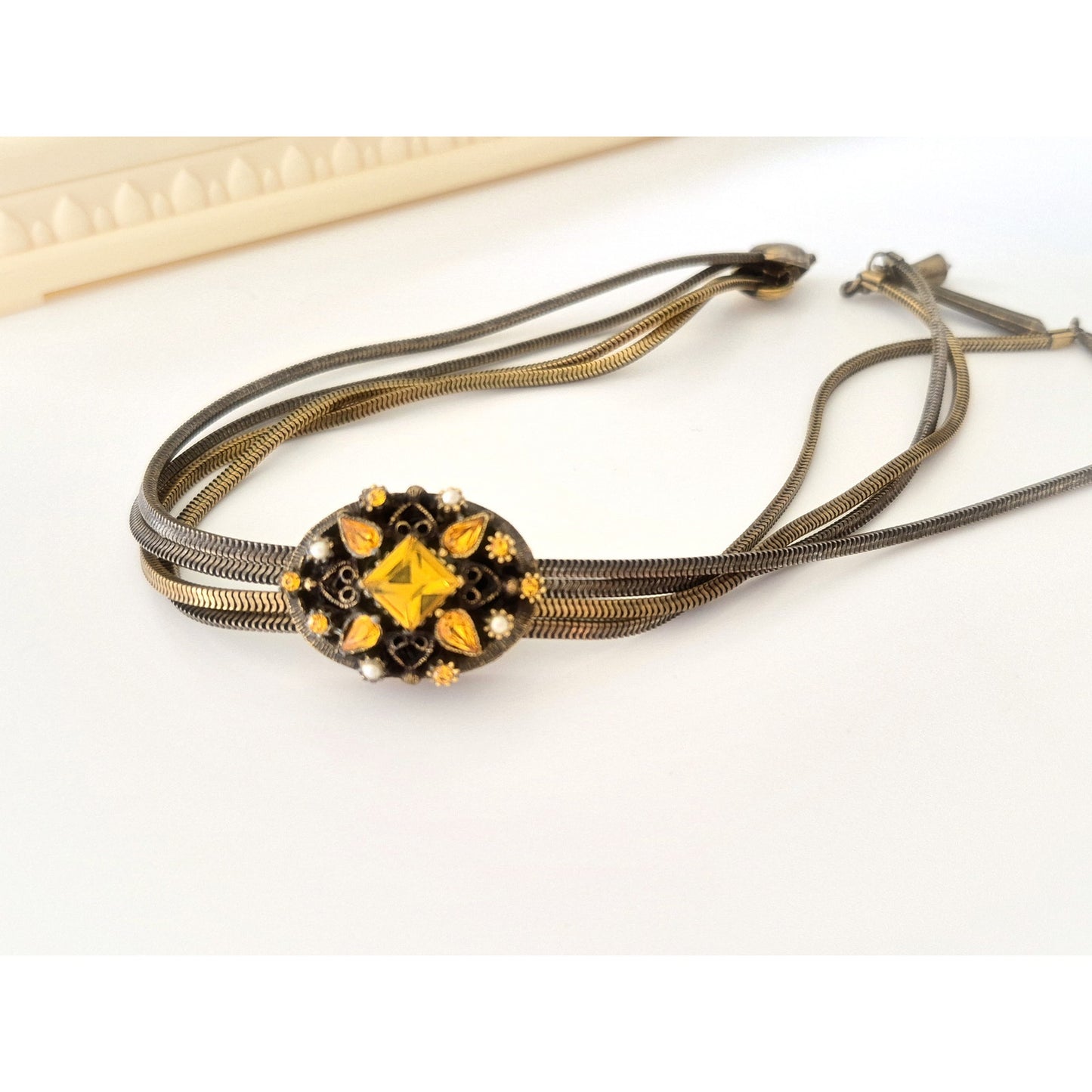Vintage Mid-Century Yellow Rhinestones and Faux Pearl Bolero Sliding Necklace