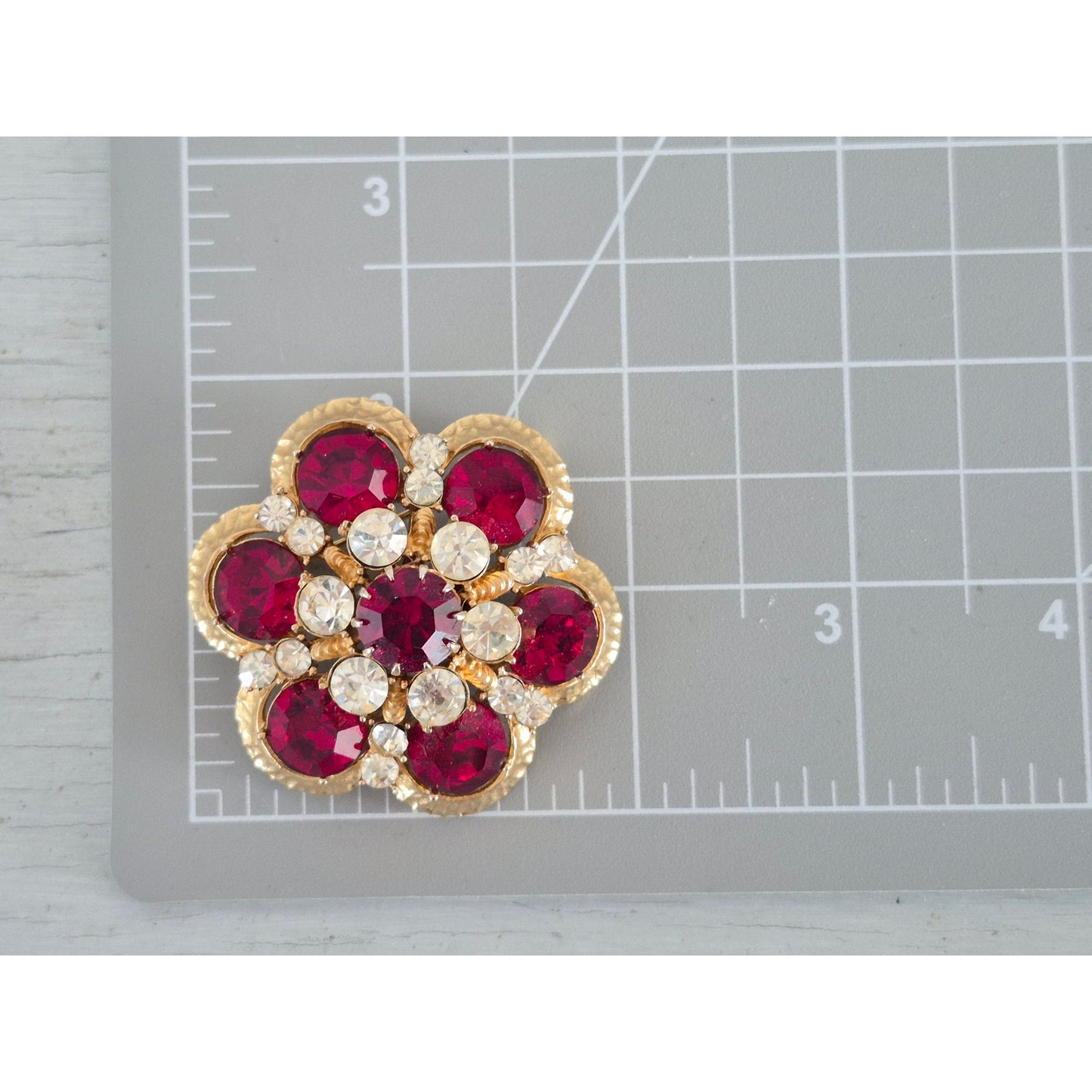 Vintage Ruby Red Clear Crystal Floral Dome Francois Designer Brooch Pendant
