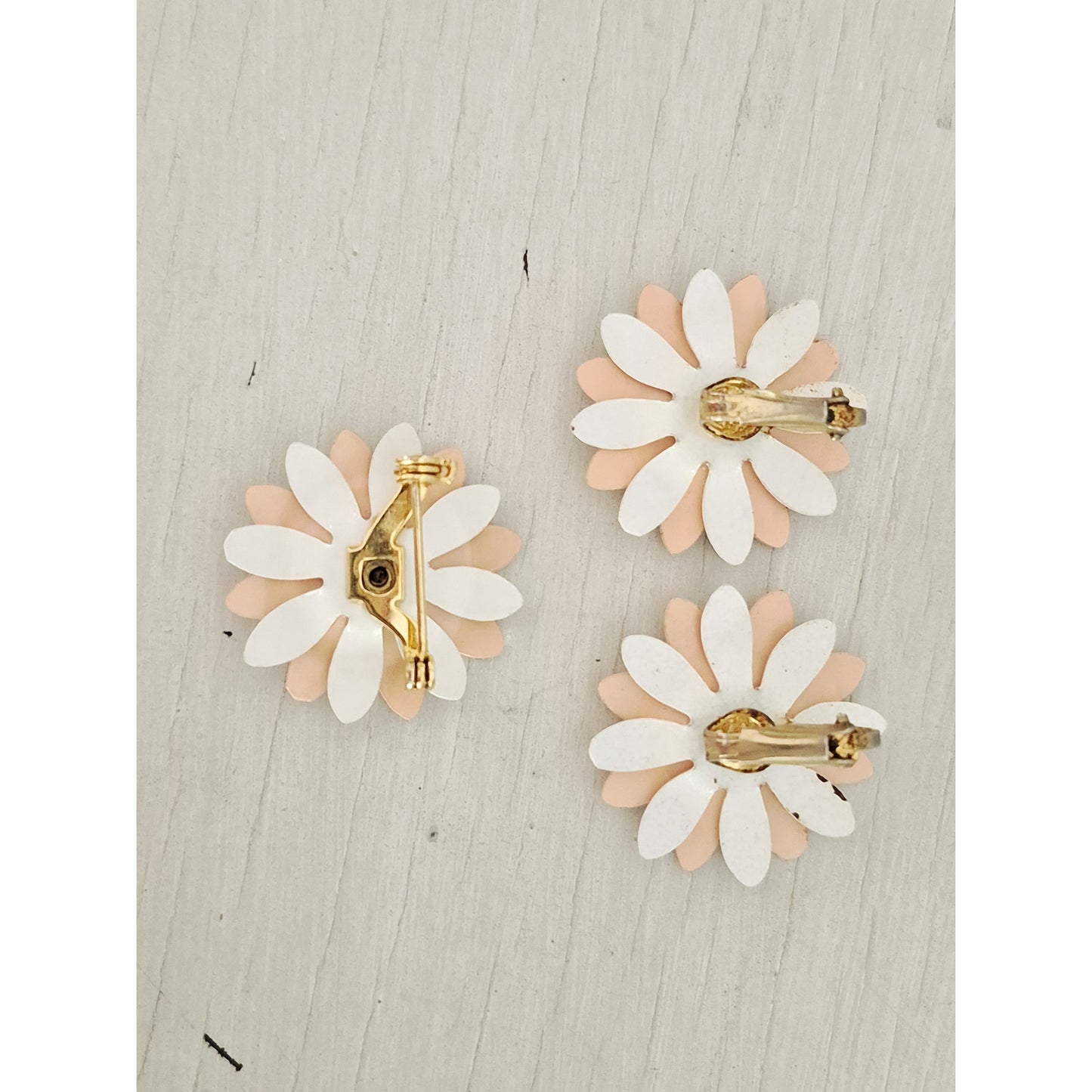 Blush Pink and White Layered Enamel Metal Flower Brooch and Earring Set