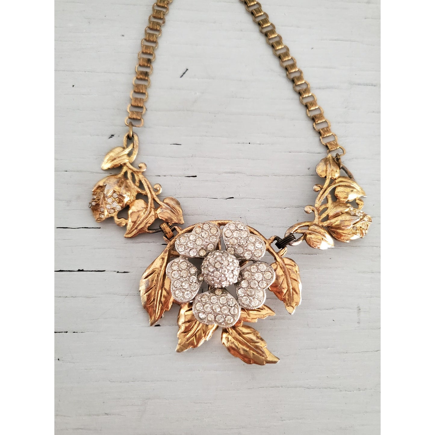 Vintage 1930s Book Chain Floral Rhinestone Statement Necklace and Bracelet Set
