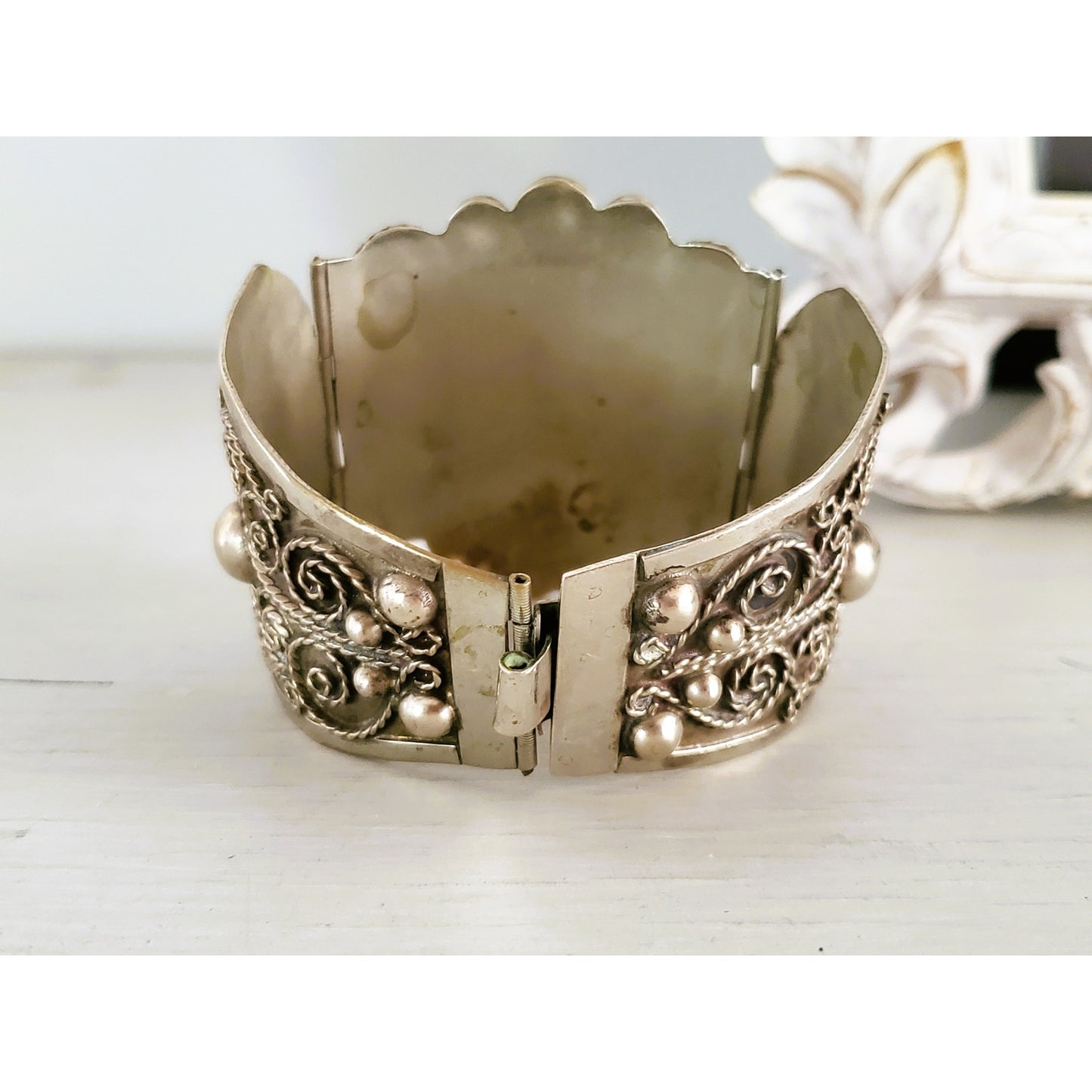 Vintage Large Silver Panel Onyx Mexico Panel Bracelet
