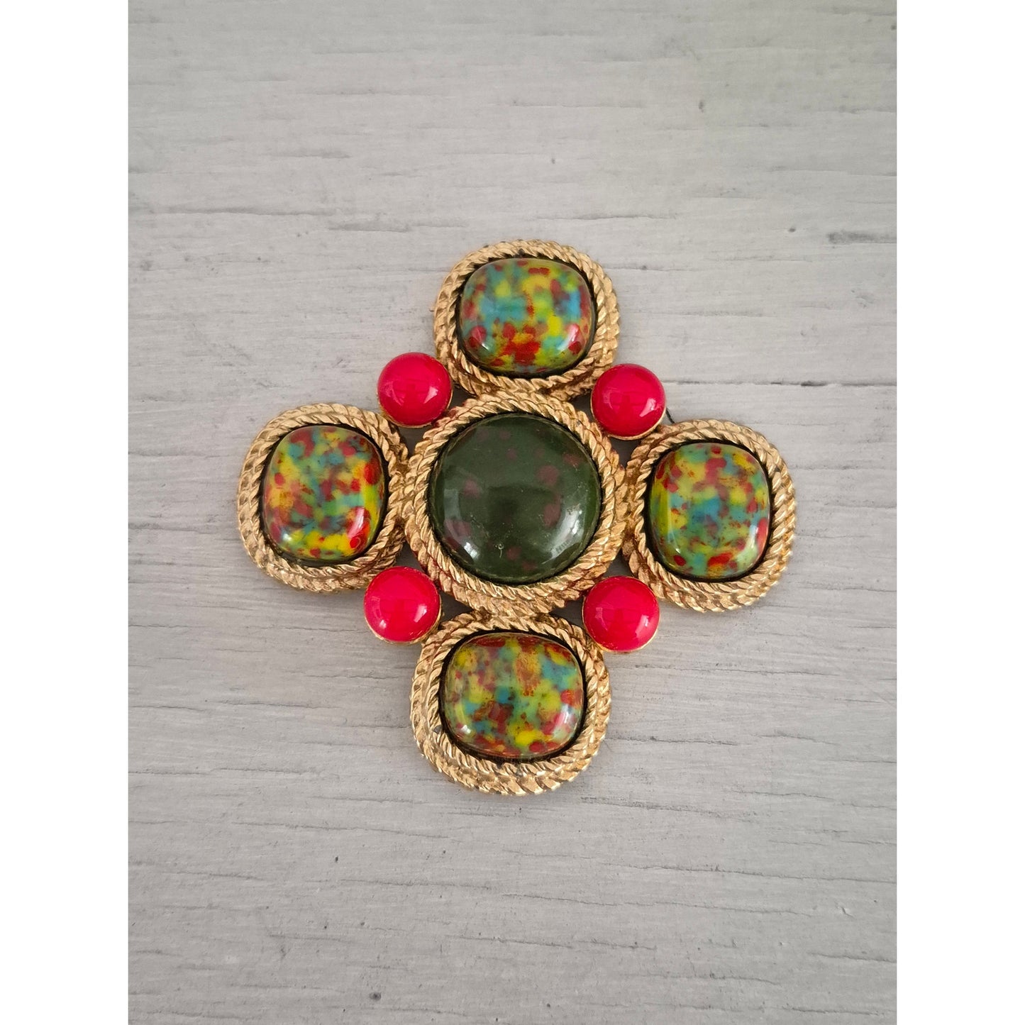 Vintage Sarah Coventry Signed Mosaic Maltese Cross Brooch