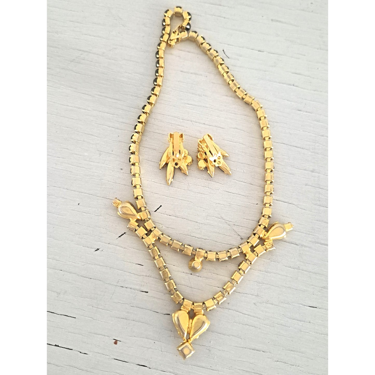 Vintage Black Rhinestone Goldtone Choker Necklace and Earring Set