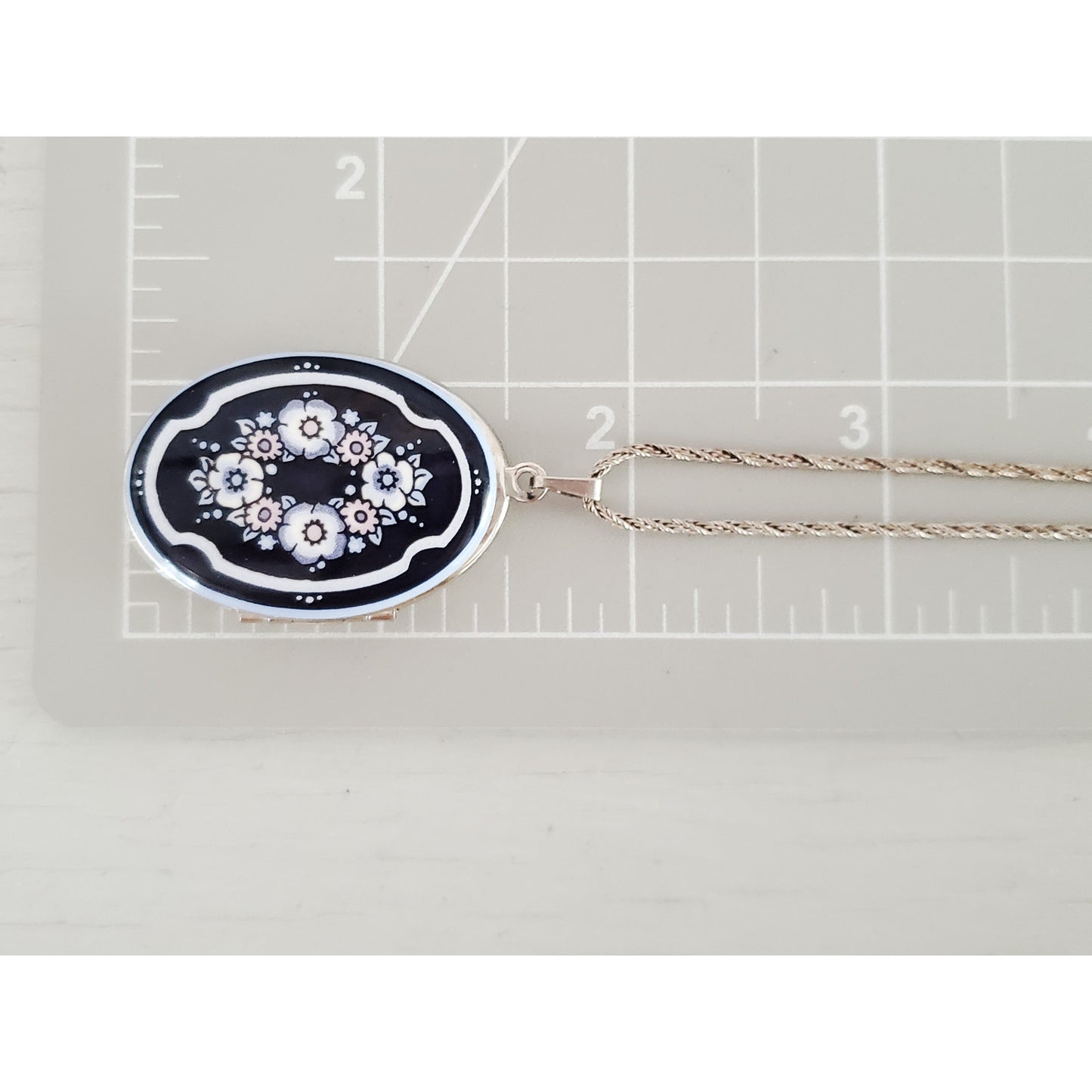 Vintage Michaela Frey Blue & White Floral Enamel Locket Sterling Silver Necklace