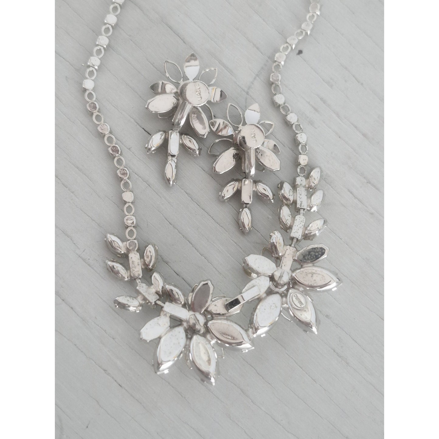 Vintage Duane Signed Floral Rhinestone Necklace and Earring Set