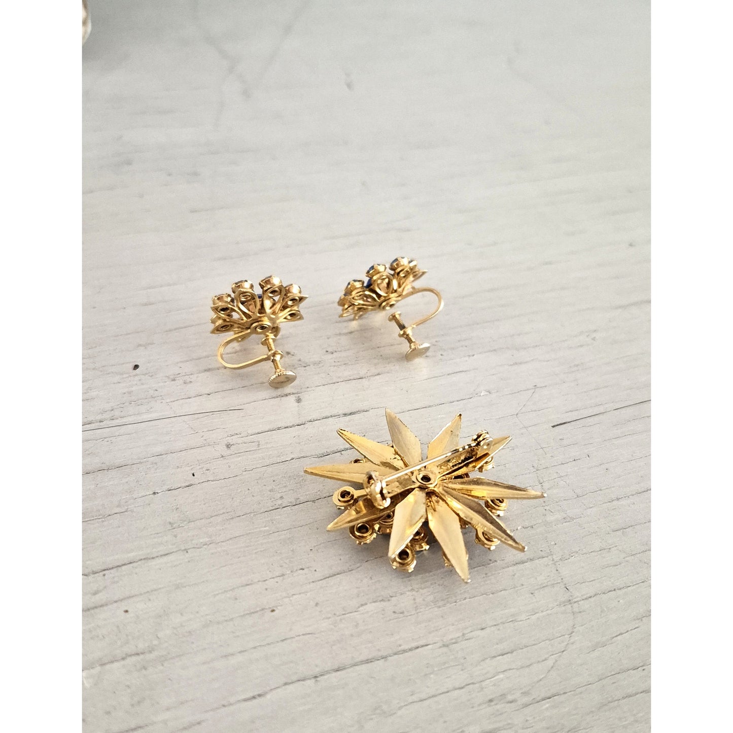 Vintage Blue Rhinestone Starburst Brooch and Earring Set