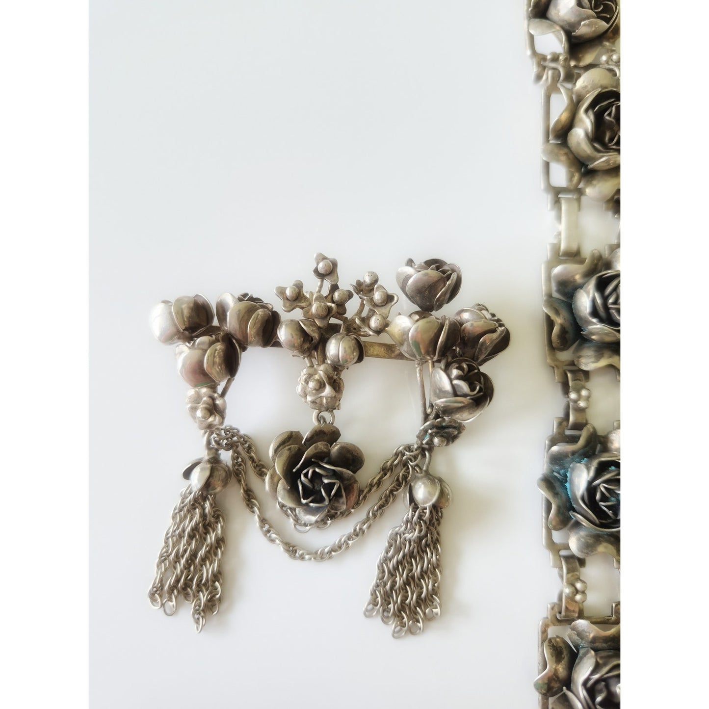 Vintage 1940s Sterling Hobe Rose Floral Bracelet Earring and Brooch Set