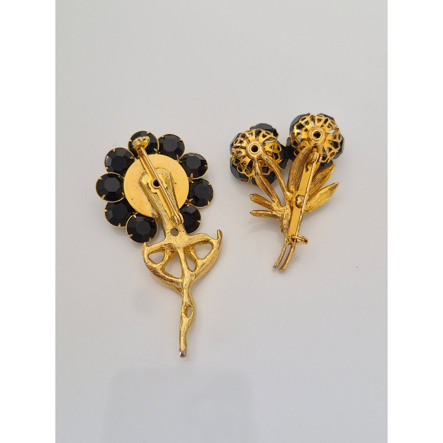 Pair of Vintage Black Crystal Rhinestone Flower Brooches