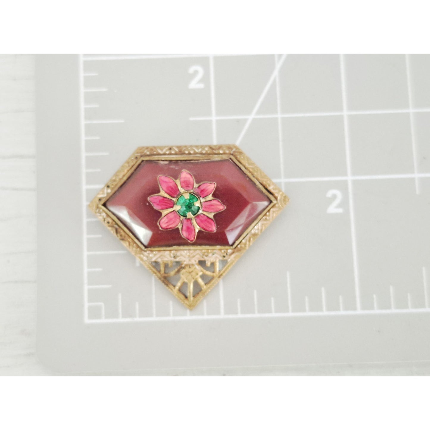 Vintage Art Deco Gold Tone Enamel Glass Floral Pin Brooch