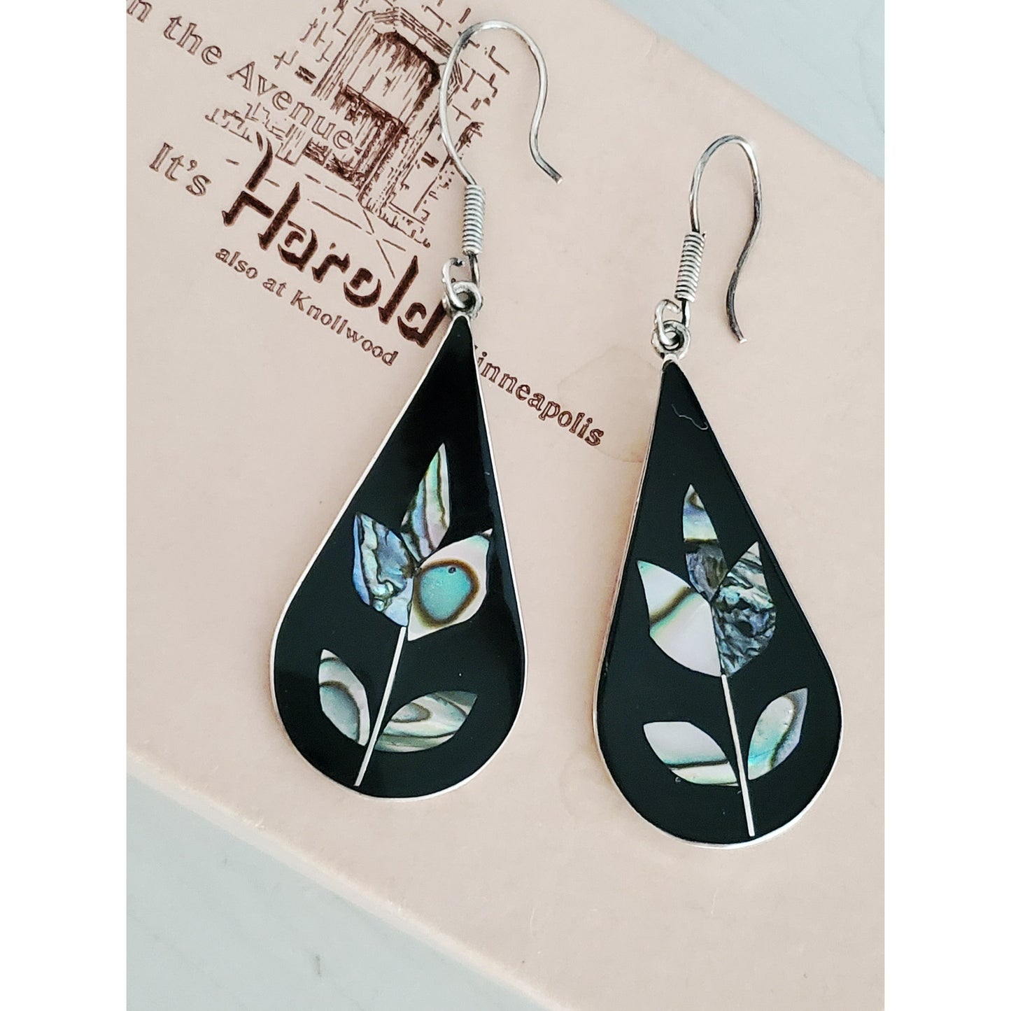 Vintage Sterling Silver Black Enamel & Abalone Shell Dangle Drop Earrings