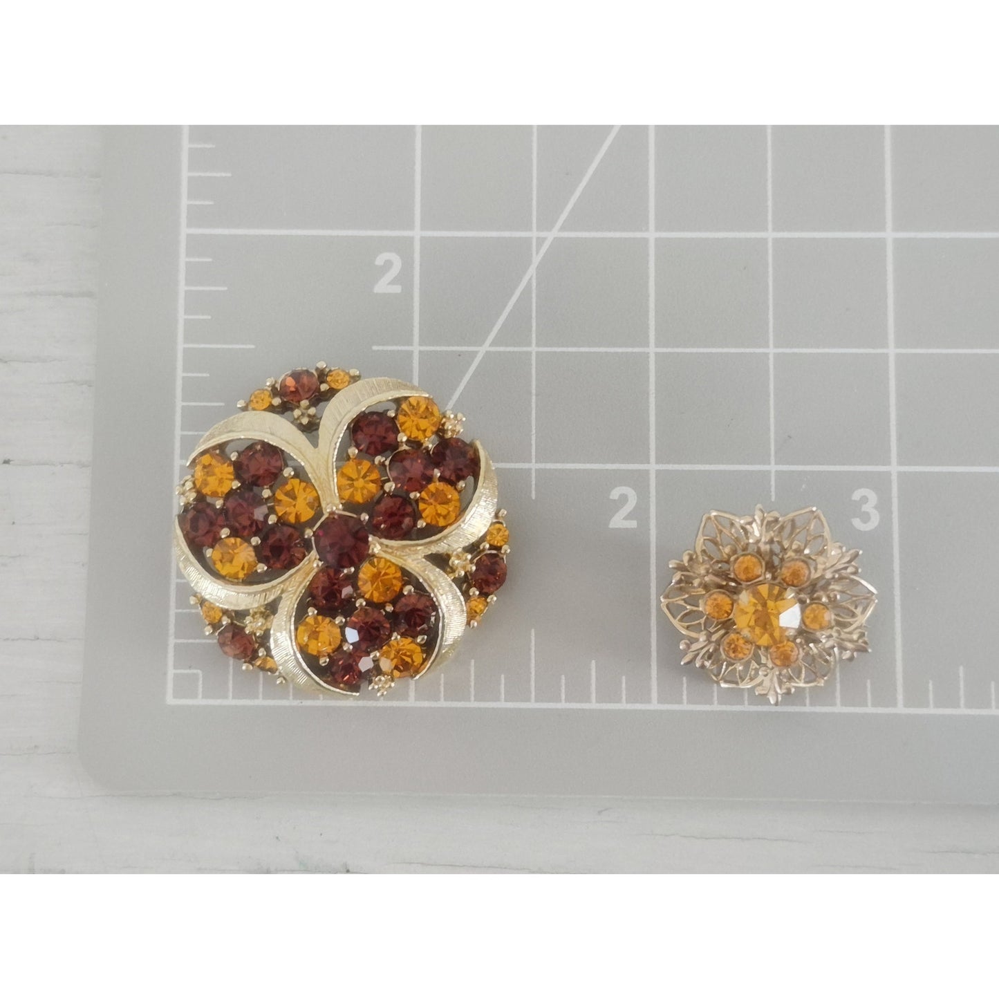 Vintage MCM Amber and Brown Rhinestone Brooch and Earring Set