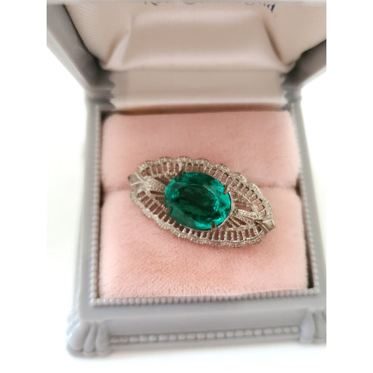 Antique Art Deco Green Glass Filagree Rhodium Plated Brooch