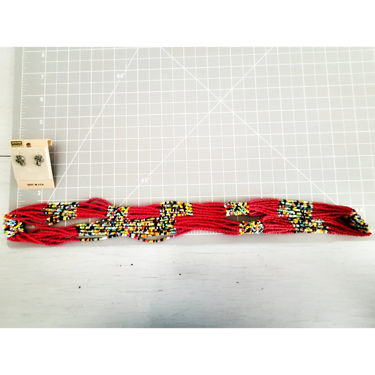 Red Multicolor Seed Bead Necklace & Crushed Turquoise Mini Cross Stud Earrings
