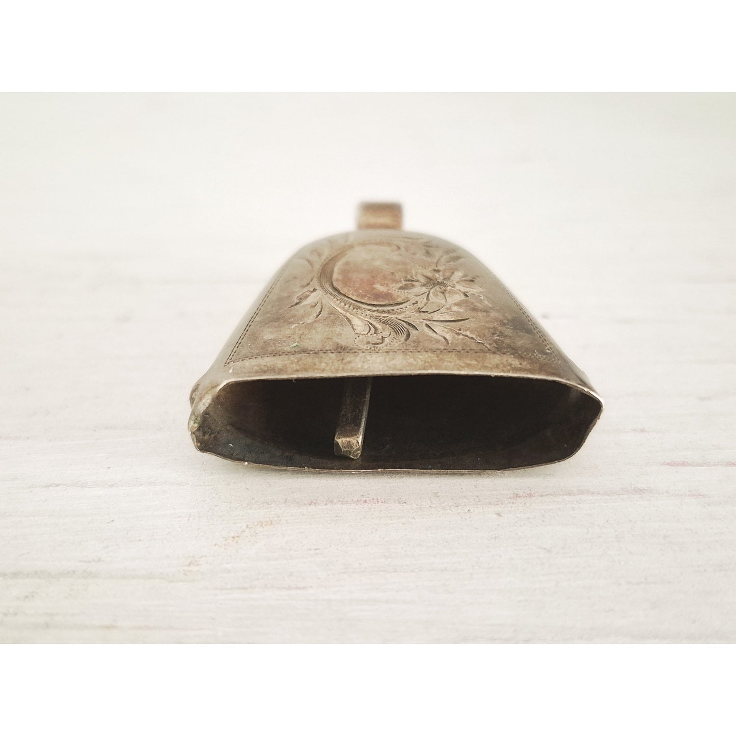 Vintage Sterling Silver Floral Etched Cow Bell Pendant