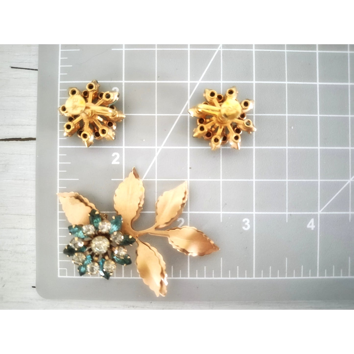Vintage Gold-fill Blue and White Rhinestone Floral Brooch and Earring Set