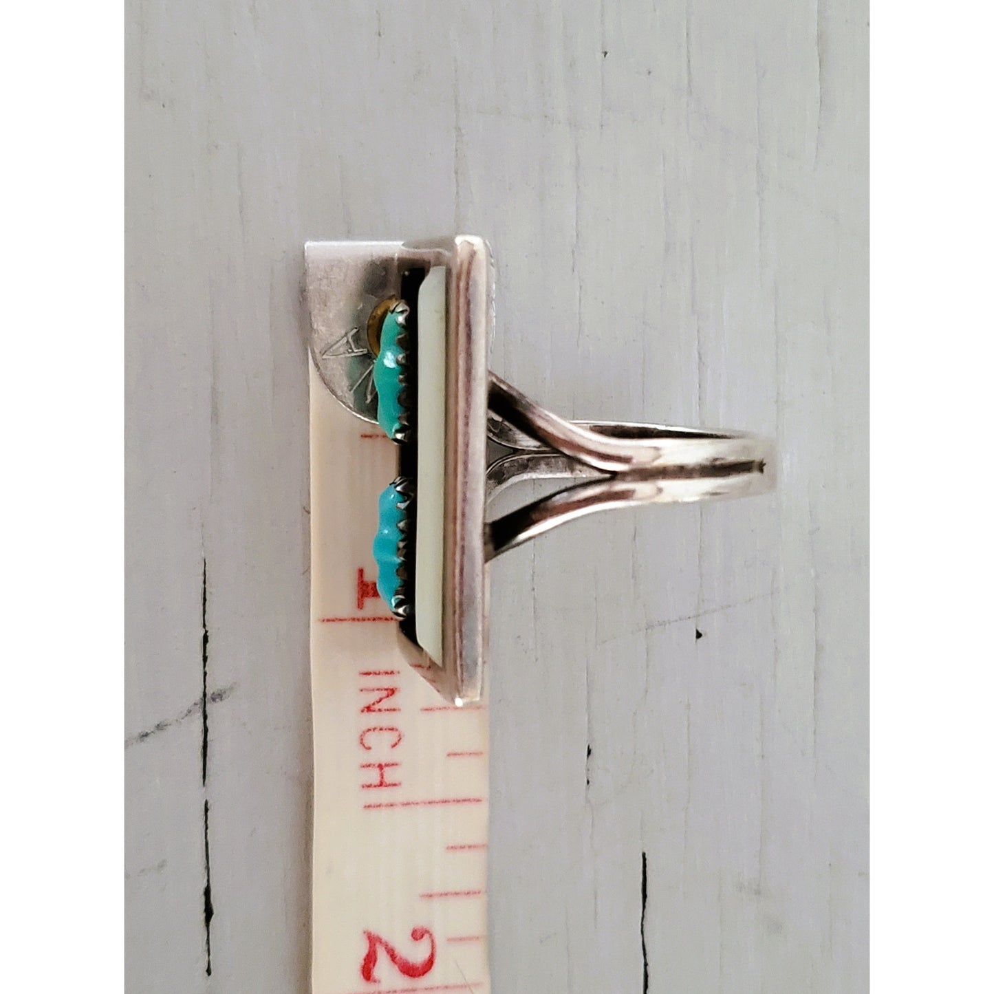 Vintage F. Panteah Zuni Sterling Silver Turquoise and Mother of Pearl Ring