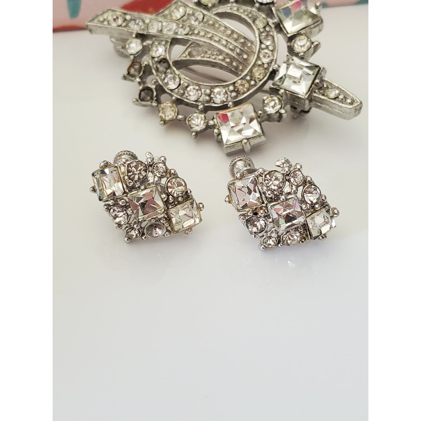 Vintage Silver Clear Rhinestone Brooch and Clip On Earring Set