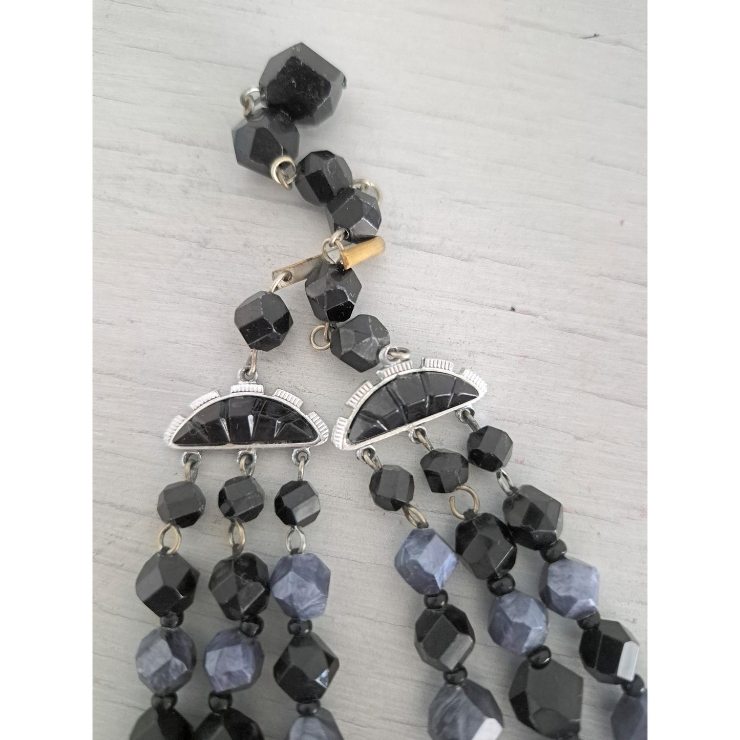 Vintage Germany Black Acrylic Beaded Multistrand Choker Necklace and Earring Set