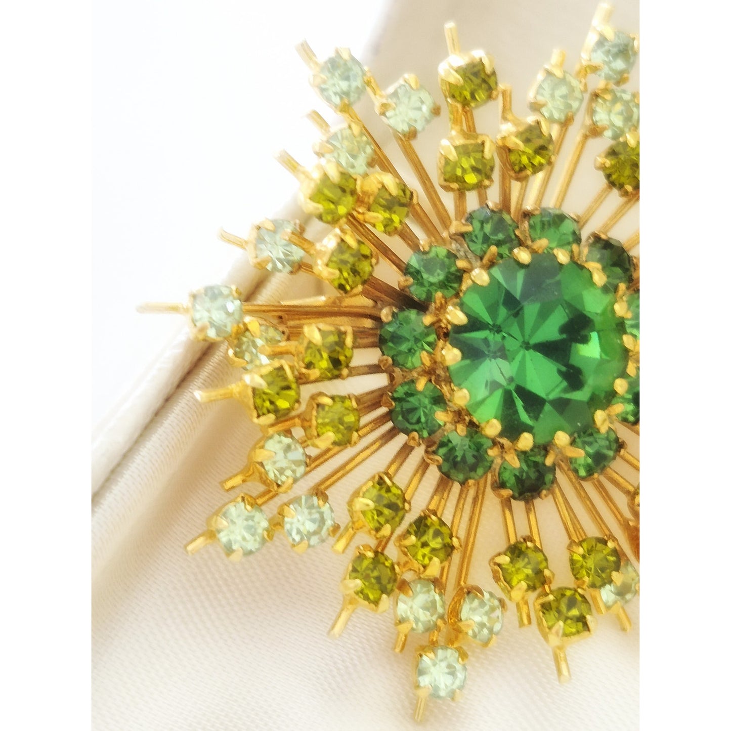 Vintage Mid-century Austria Green Ombre Crystal Rhinestone Starburst Brooch