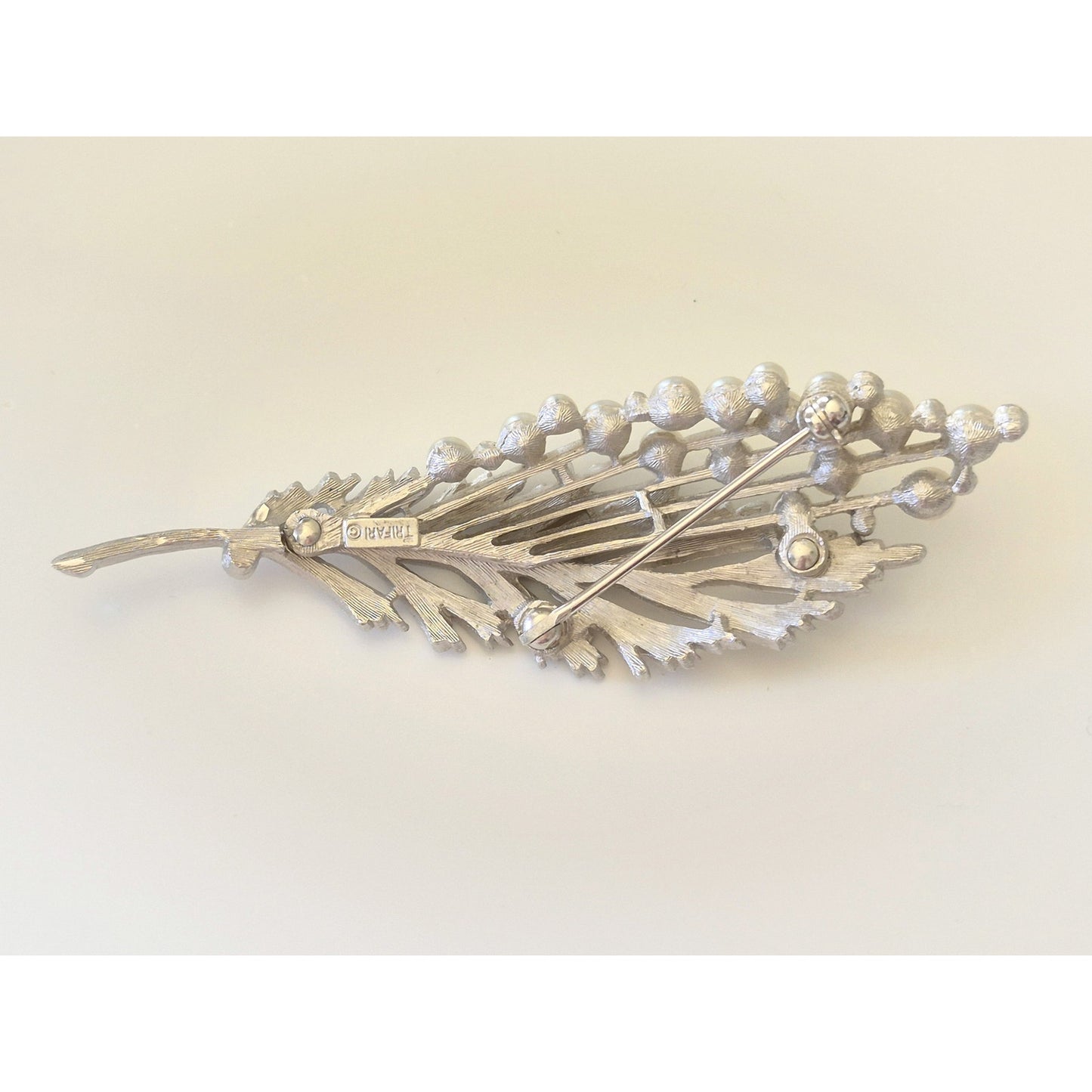 Vintage Mid-century Silver Leaf Faux Pearl Brooch
