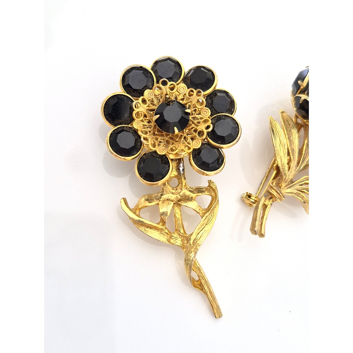 Pair of Vintage Black Crystal Rhinestone Flower Brooches